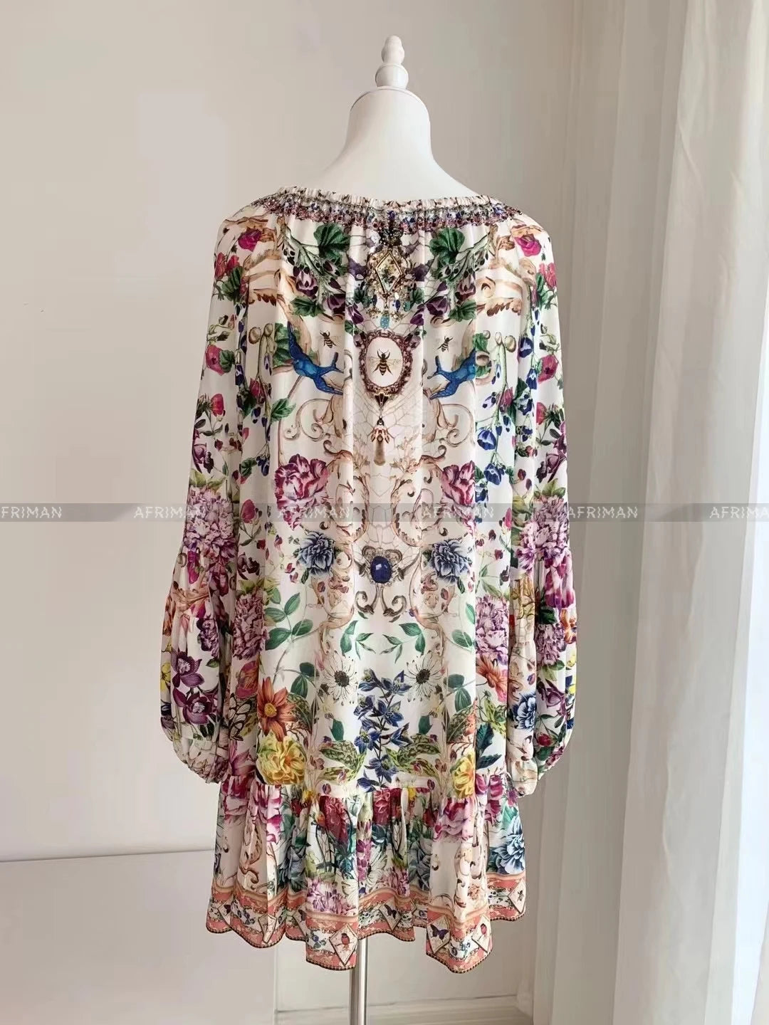 Women Retro Slash Collar Crystal Beaded Floral Print Flare Sleeve 100%